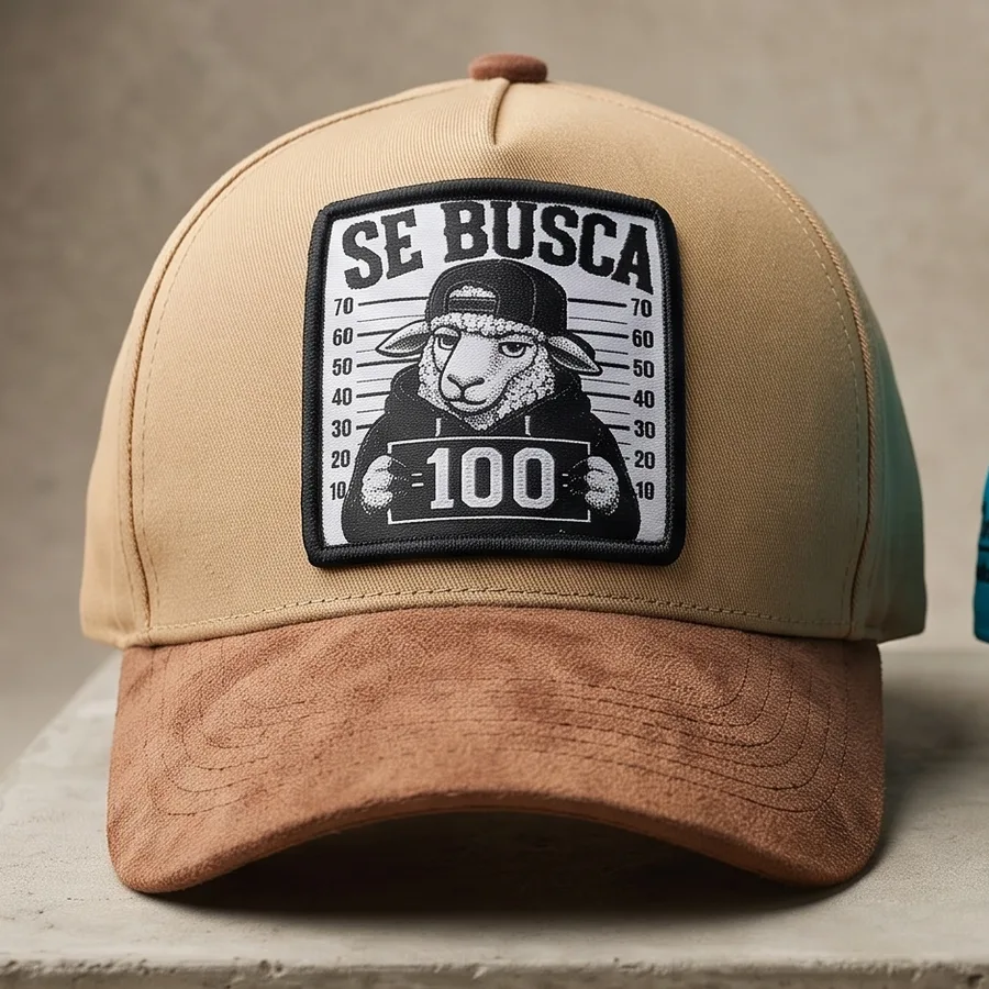 Gorra Se Busca: copa arena, visera de gamuza sintética marrón y parcho de una oveja con el número 100